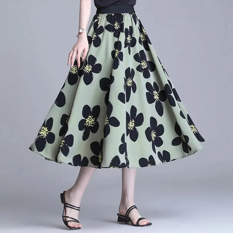 2024 New Summer Thing French Sweetness, Freshness, Minimalist Fashion Versatile Chiffon High Waist Printed Women's A-line Skirt