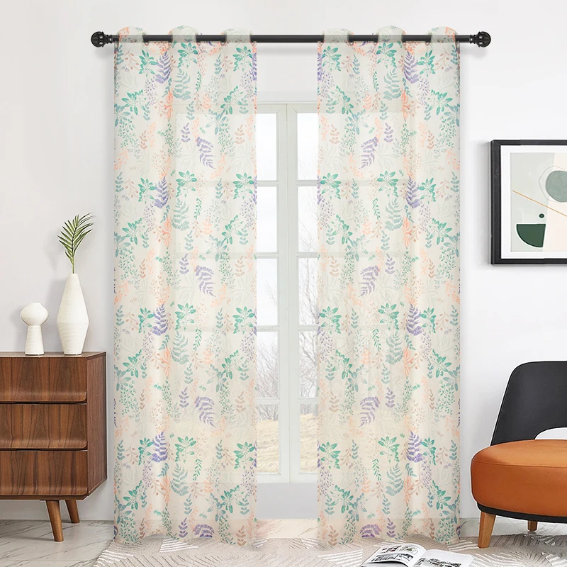 

Muwago 2023 Popular South America Rainforest Botanical Printed Cream Semi-Sheer Curtains Chiffon Yarn Living Room Curtains