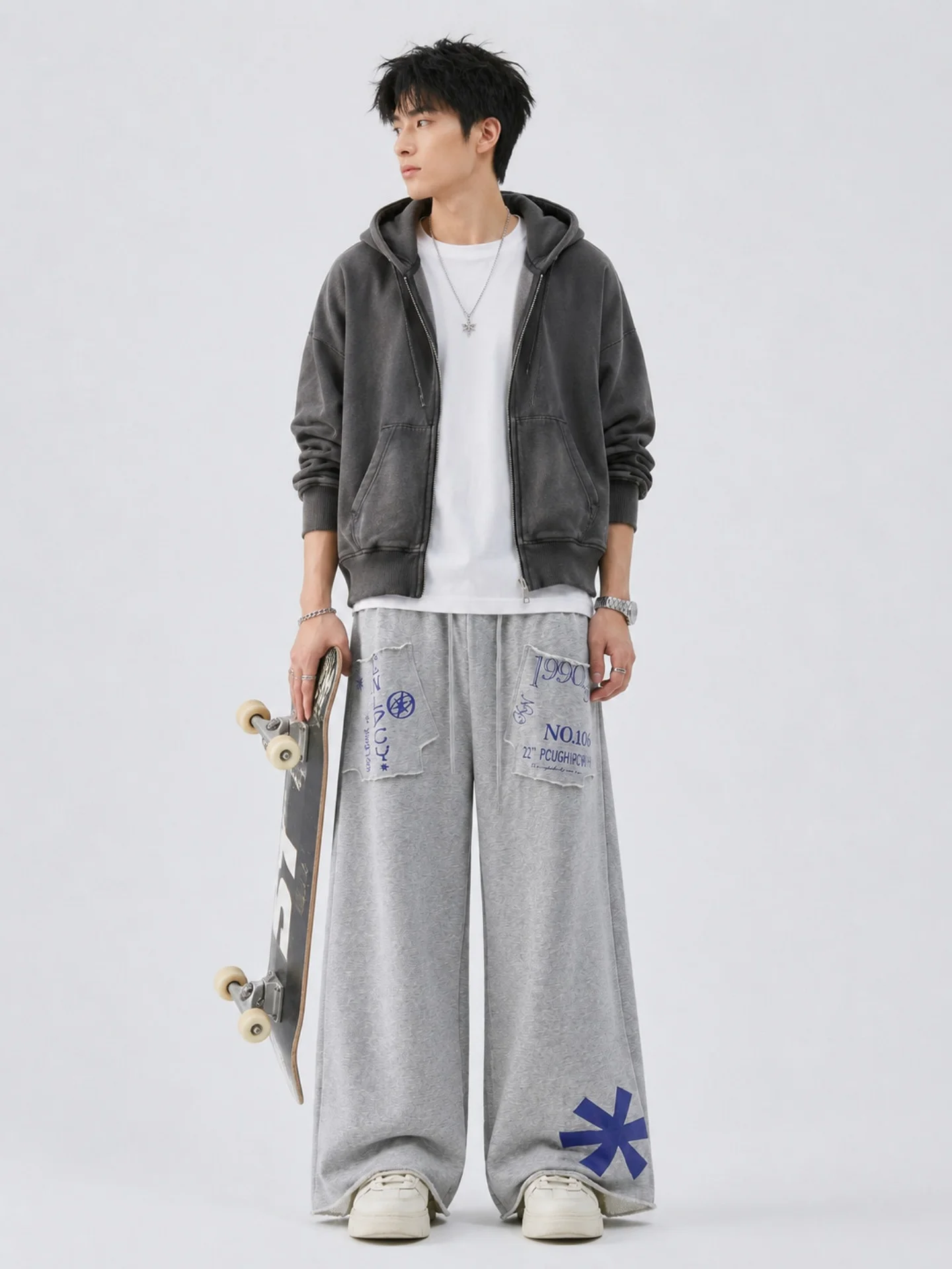 American Street Style Casual Sweatpants Men's New 2026 Loose Lazy Wide Leg Straight Long Pants Grey Printed Letter Design