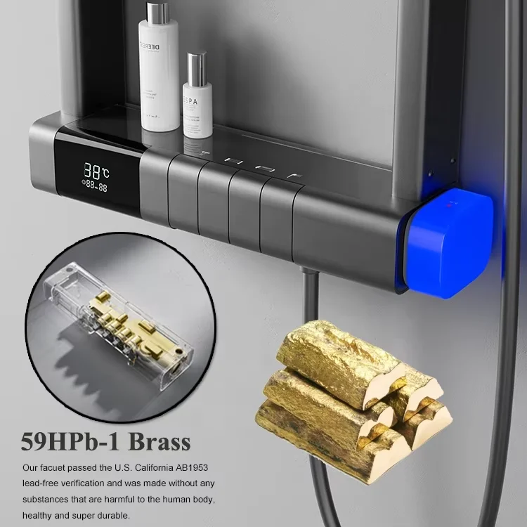 Set Shower Kamar Mandi Termostatik Layar Digital Cerdas, Panel Shower LED 360 Derajat Terpasang di Dinding, Semprotan Hujan Kuningan, Disikat