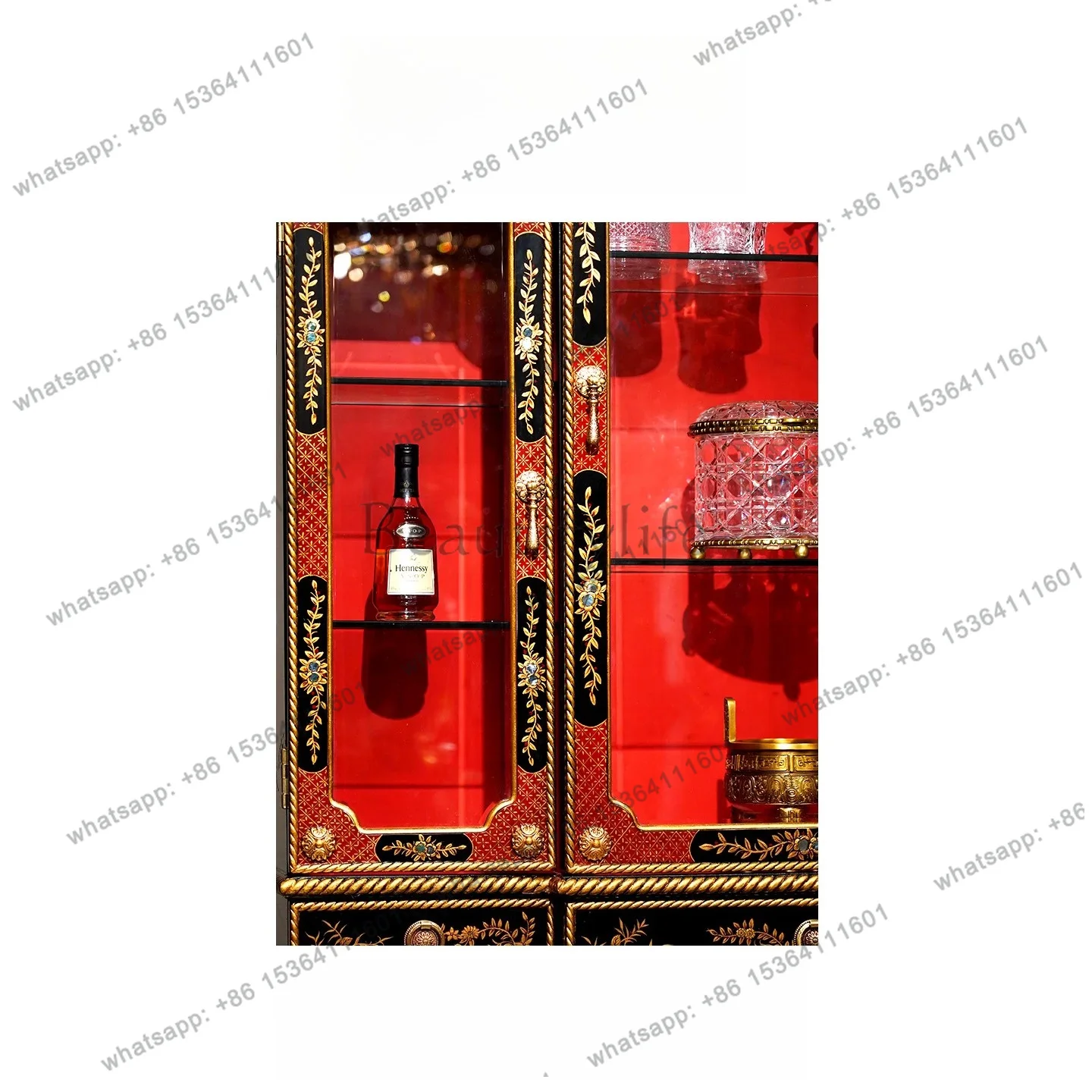 HOT European solid wood tall wine cabinet palace style living room wall storage display cabinet C2396