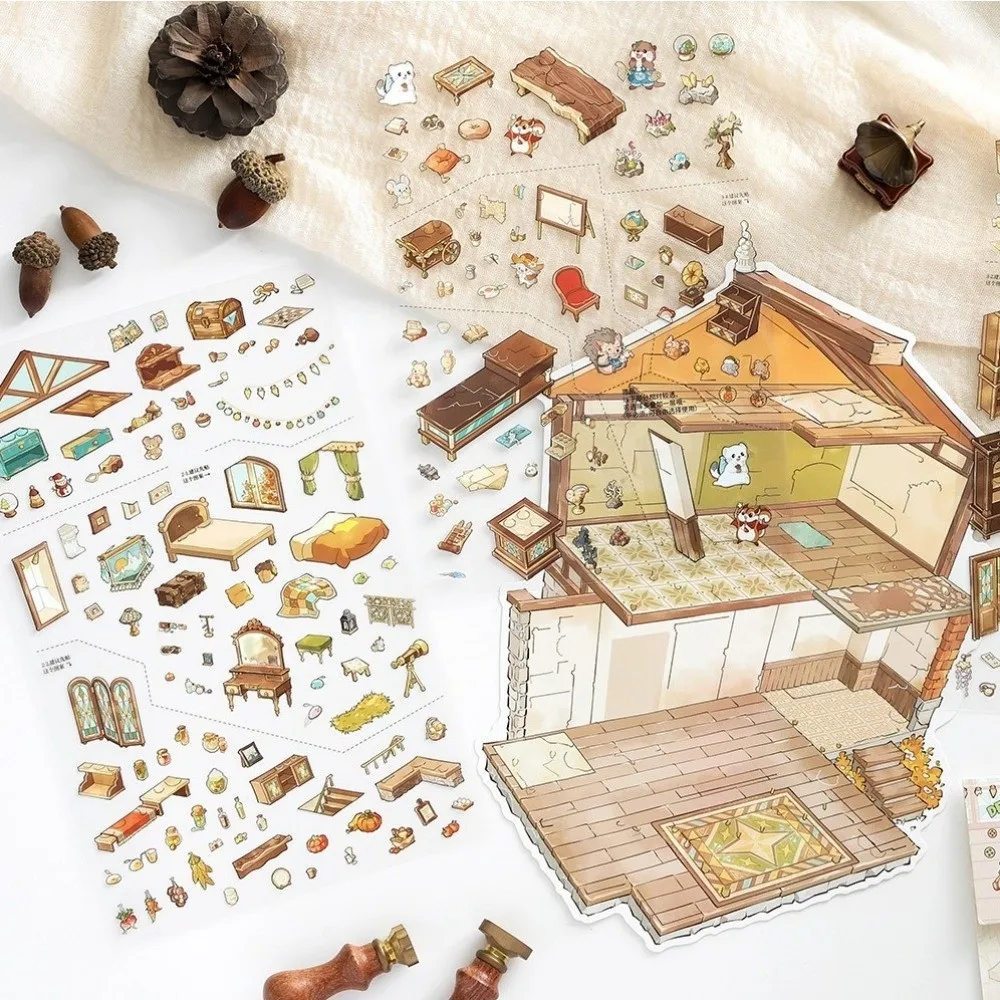 Shop Theme 3D Scene Stickers PET Die Cut Large Size Stationery Stickers Supermarket Beach Library Stacking Stickers