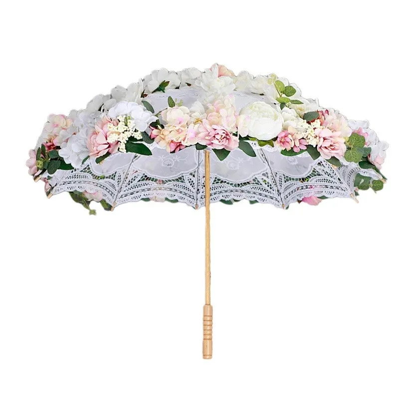 Ombrello di fiori di simulazione Ombrello francese retrò Lolita bianco in pizzo cavo Sposa Shoot Ombrello decorativo piccolo fiore fresco