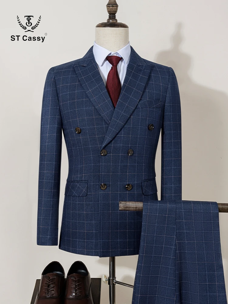

ST Cassy blue Fashionable Plaid suit High-end Business Slim Fit Casual Party Dress Male Groom Wedding Blazers Double Breasted