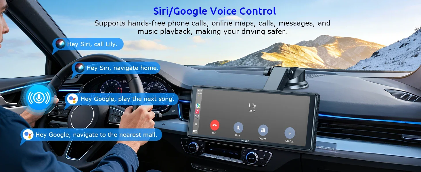 ESSGOO 10,26" Tragbare Universelle Drahtlose Carplay-Halterung für Wohnmobile, LKWs, Autoradios, Tourscreen, Android Auto, Bluetooth, FM, Lenkradsteuerung, Einfach zu installieren – Detail 6