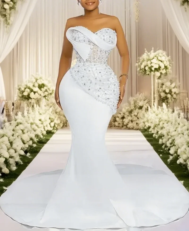 

White long Mermaid Bridal Wedding Dresses For Black Girls Lace Applique Vestido De Noival Customized