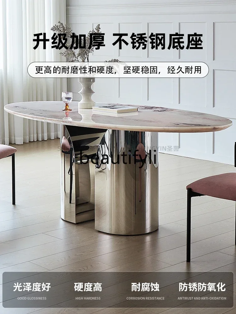 GG Pink Diamond Luxury Stone Dining Table Translucent French Style Pure Natural Marble Oval Dining Table