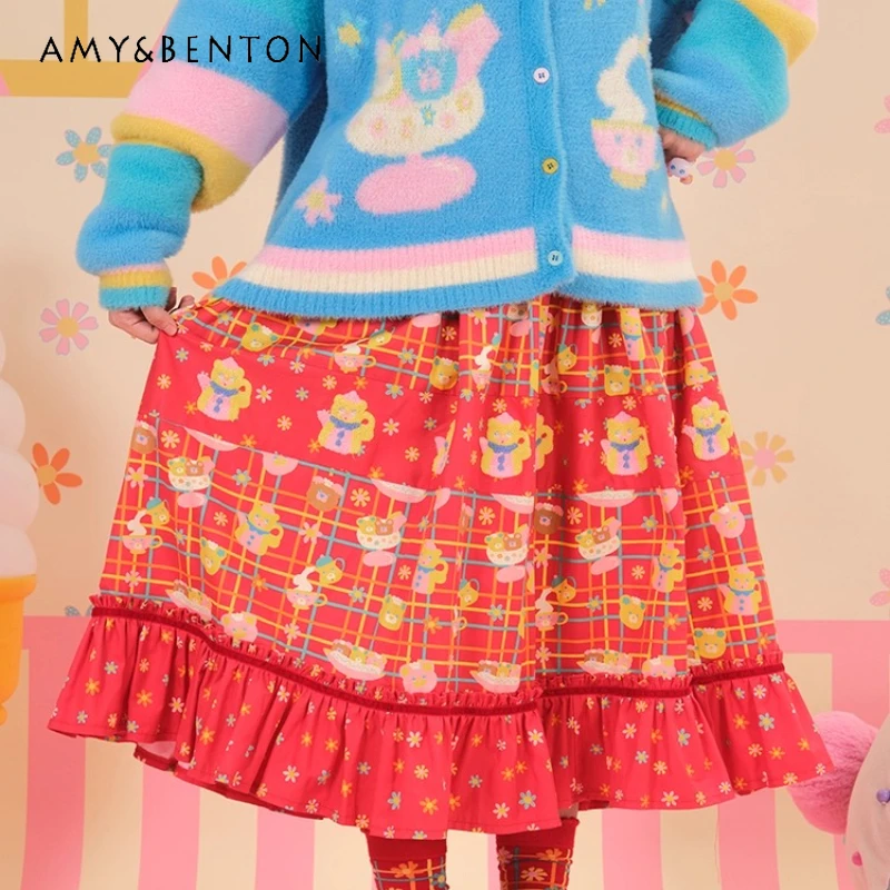 

Японская кружевная женская юбка с животным принтом для тяжелой промышленности, осень 2022, новые милые милые свободные универсальные длинные юбки для женщин