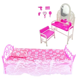 2 Set/ Pack Fashion Pink 1:6 Doll Furniture Lace Bed Sheet Make up Table Chair Bedroom Accessories for 11.5'' Doll Kids Toy Gift