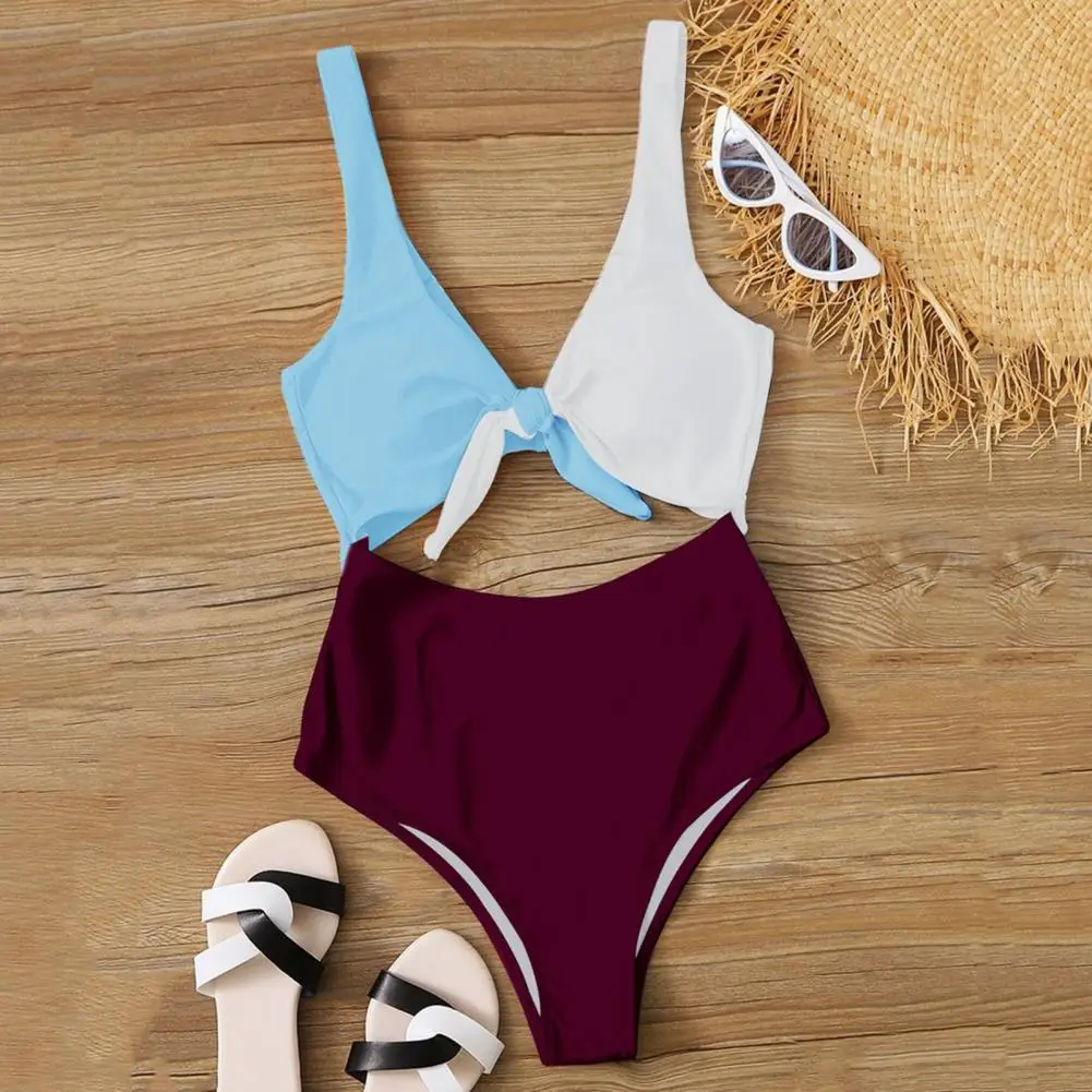 One Piece Women Swimsuit Color Block Knotted Backless High Waist Female Monokini Patchwork Sleeveless Lady Bathing Suit