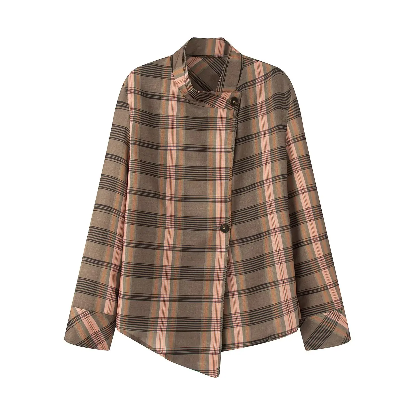 

PB&ZA2025 Autumn New Arrivals Women's Retro Plaid Shirt Jacket Lapel Long Sleeve Asymmetric Casual Loose Shirt Outerwear