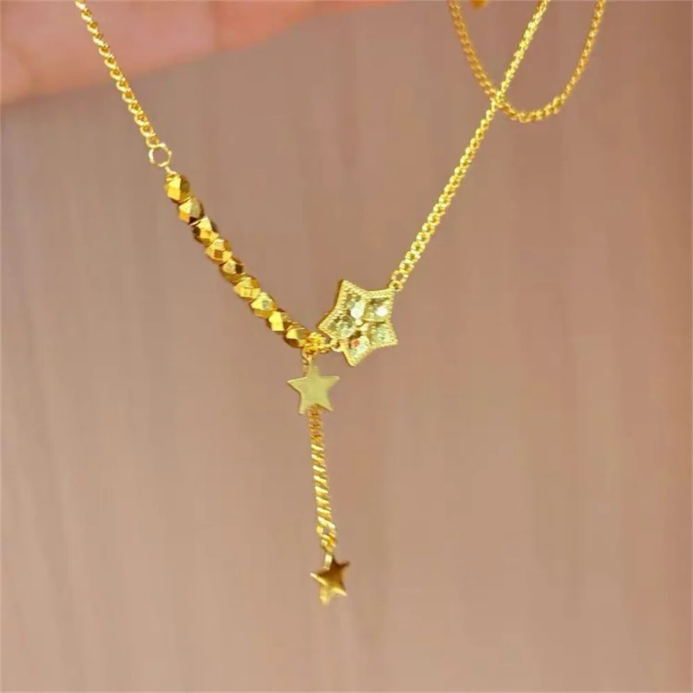 Collar de Oro OUYADI AU999 24K con Textura Sólida, Estrella de Cinco Puntas y Borla, Joyería Fina Oriental para Mujer, Regalo de San Valentín