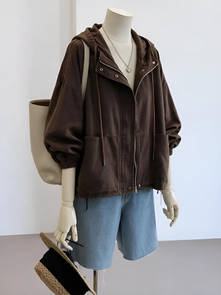 Retro Washed Loose Women's Jacket Design Spring New Arrival Short Coat Cotton Commute Style Zipper Decoration Regular Sleeve