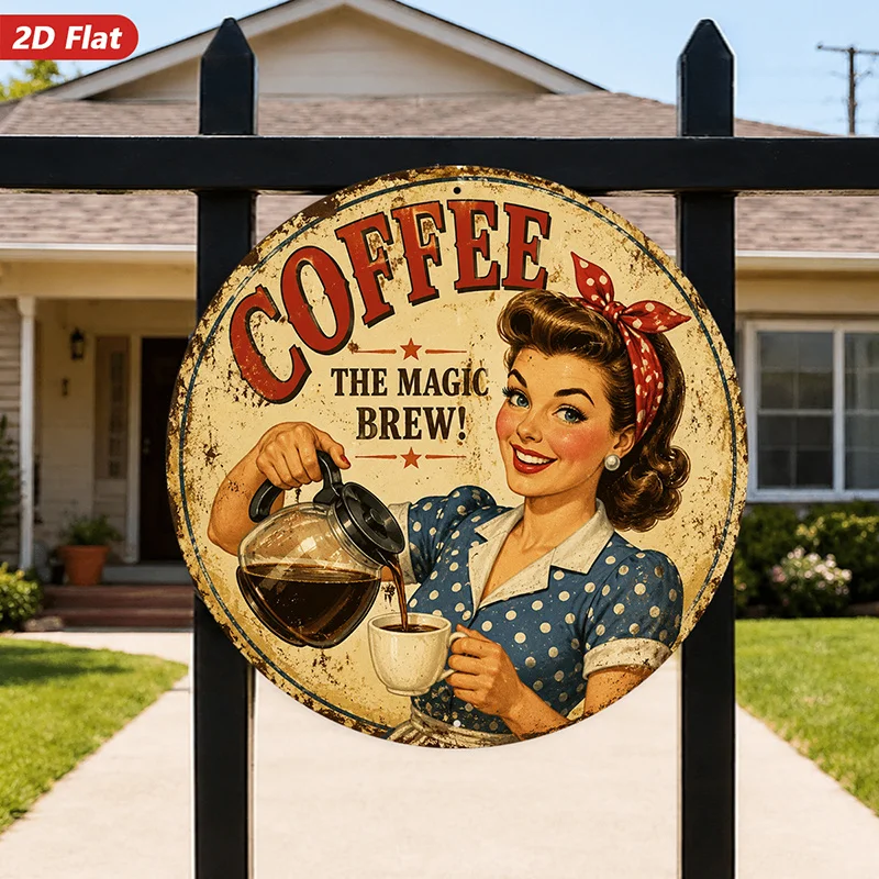 2D Flat, 1pc Retro Pinup Round Metal Sign Wall Art, Magic Brew Wording, Home Decor, Smiling Pinup Waitress, Pouring Glass Pot, I
