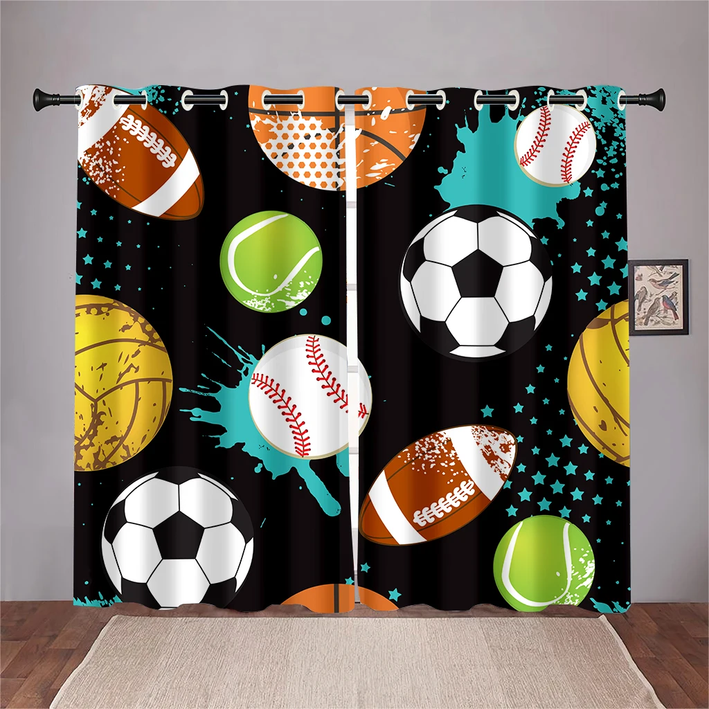 2 panel Football Soccer Rugby Basketball Printed Curtains for Sports Boys Bedroom Blinds Floor-to-ceiling Windows Grommet Top