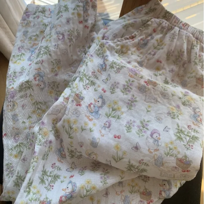 Adorable Duckling Cotton Sleepwear Loose Comfortable Long Pants Double Layered  Style Home Leisure Wear Pure Cotton