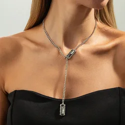 Cool Fantasy Rectangle Rhinestones Necklace for Women Punk Tassels Layered Choker Niche Clavicle Chain Y2K Jewelry