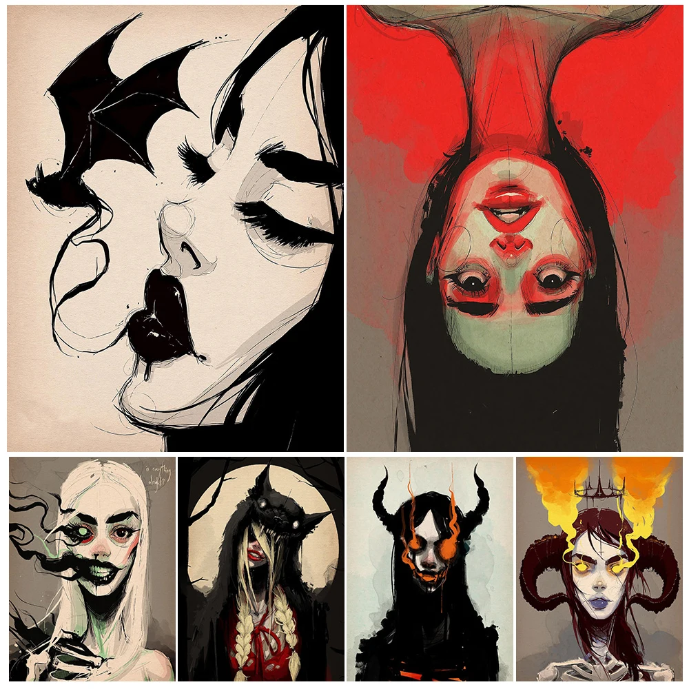 

Black Magic Witch Portrait Sketch Vintage Wall Art Canvas Print Angry Demon Girl Abstract Art Poster Print Home Decor Unframed