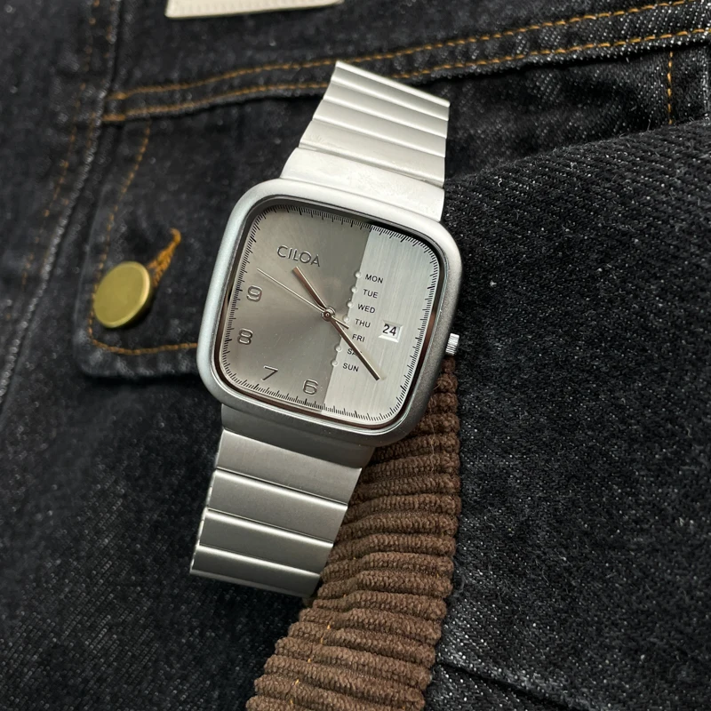 Square large dial watch men\'s watch trend fashion student men\'s watch stainless steel strap calendar date men\'s waterproof watch