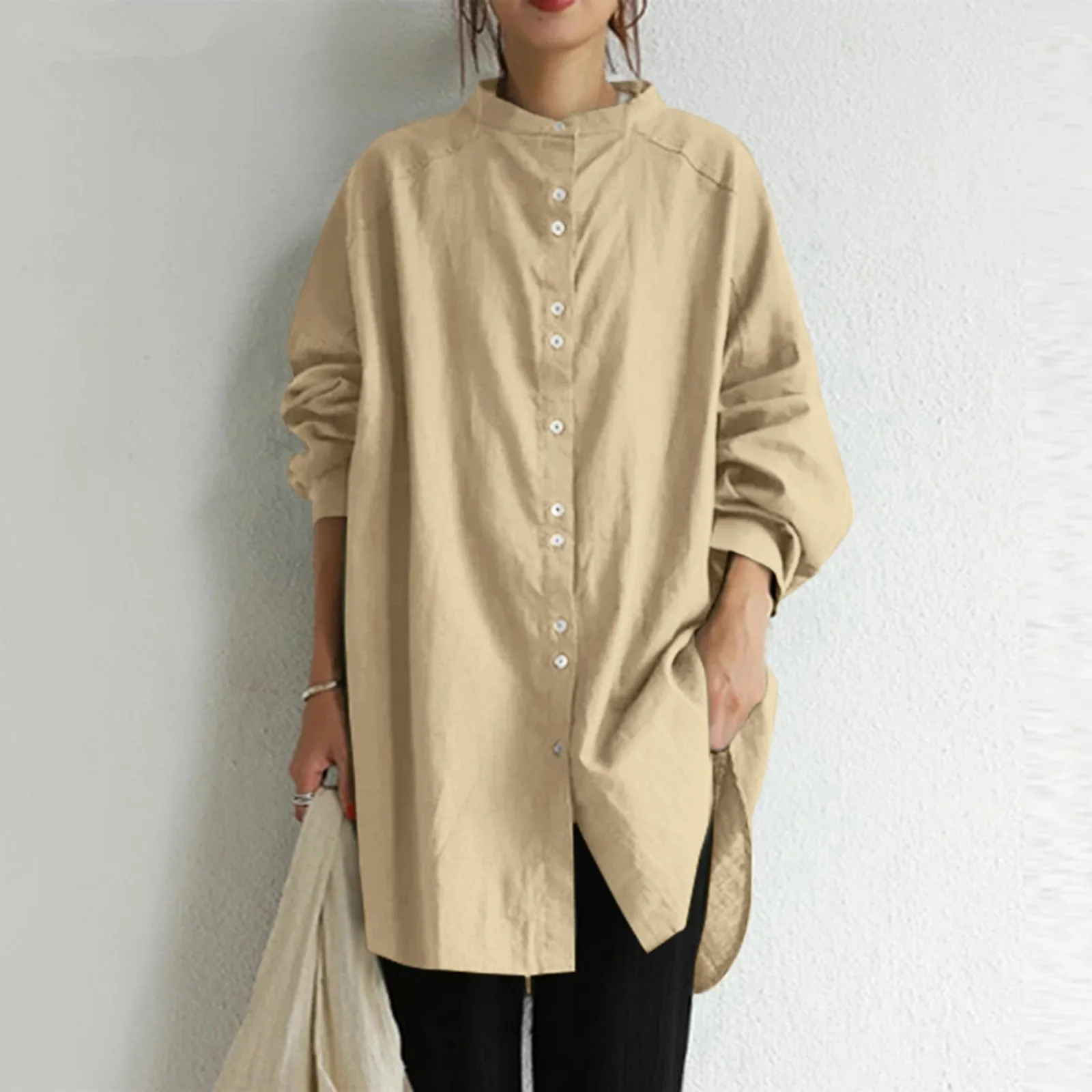 2024 Spring New Women\'s Shirt Fashion Retro Standing Collar Long Sleeve Cotton Linen Shirt Casual Loose Solid Mid Length Blouse