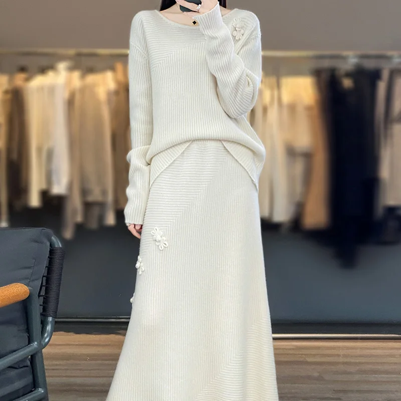 New Hot Selling Women\'s Set Fashion O-Neck Knitted 100% Wool Pullover Women\'s Sweater Versatile Long Half Skirt Pure Wool suit