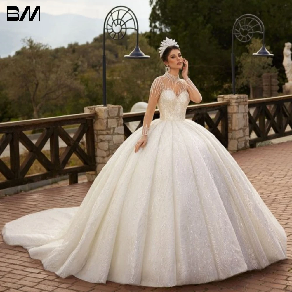 Vestido de baile romântico com lantejoulas, manga comprida, vestido de noiva brilhante, vestidos de casamento, vestido de noiva luxuoso