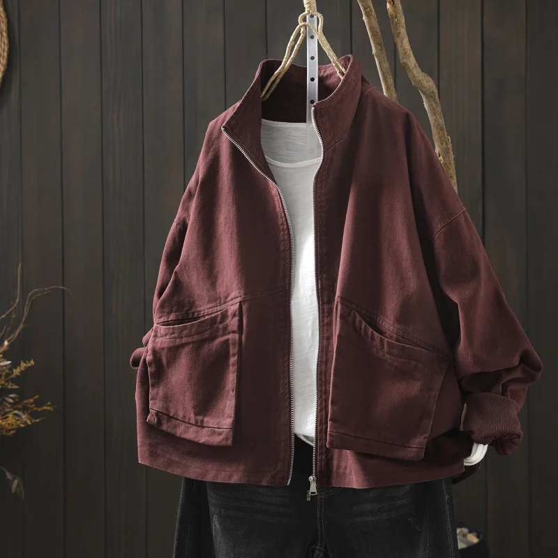 Women Vintage Mori Girl Solid Color Big Pockets Front Basics Jackets Spring Autumn Simple Style Long Sleeve Casual Loose Coats
