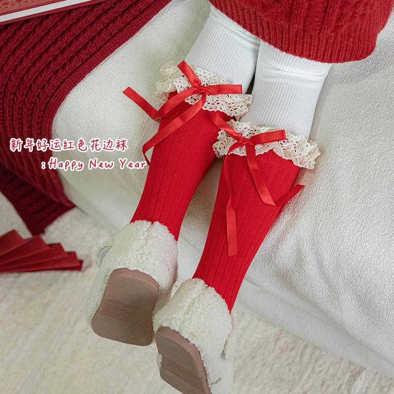 Festive Red Long Stockings For Sweet Girls Christmas New Year Collection Decorated With Bow Ornament Stretch Skin Friendly Socks