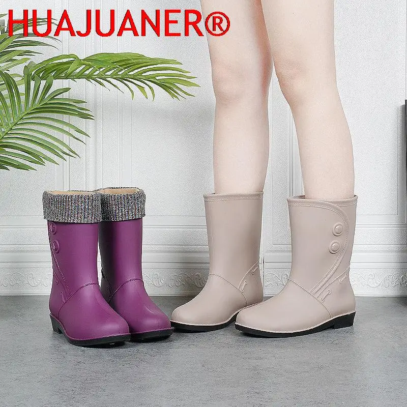 Rain Boot Women Plus Velvet Fashion Outer Wear Middle Women Raining Boots Waterproof Non-slip Ladies Adult Water Shoes