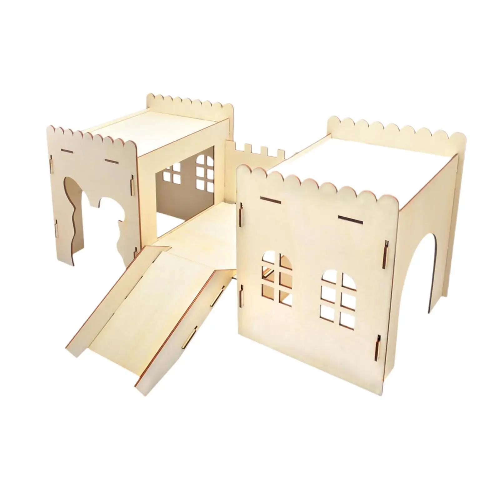 

Wooden Bunny Hideout Castle Bed Hut Outdoor with Cave Stairs Wooden Bunny House for Ferret Playing Sleeping Hiding