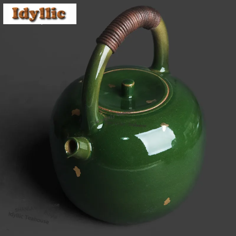 1300ml Jade Green Loop-handled Teapot Ancient Tea Infuser Pot Tea Soaking Kettle With Ball Hole Drinkware Supplies Decorations