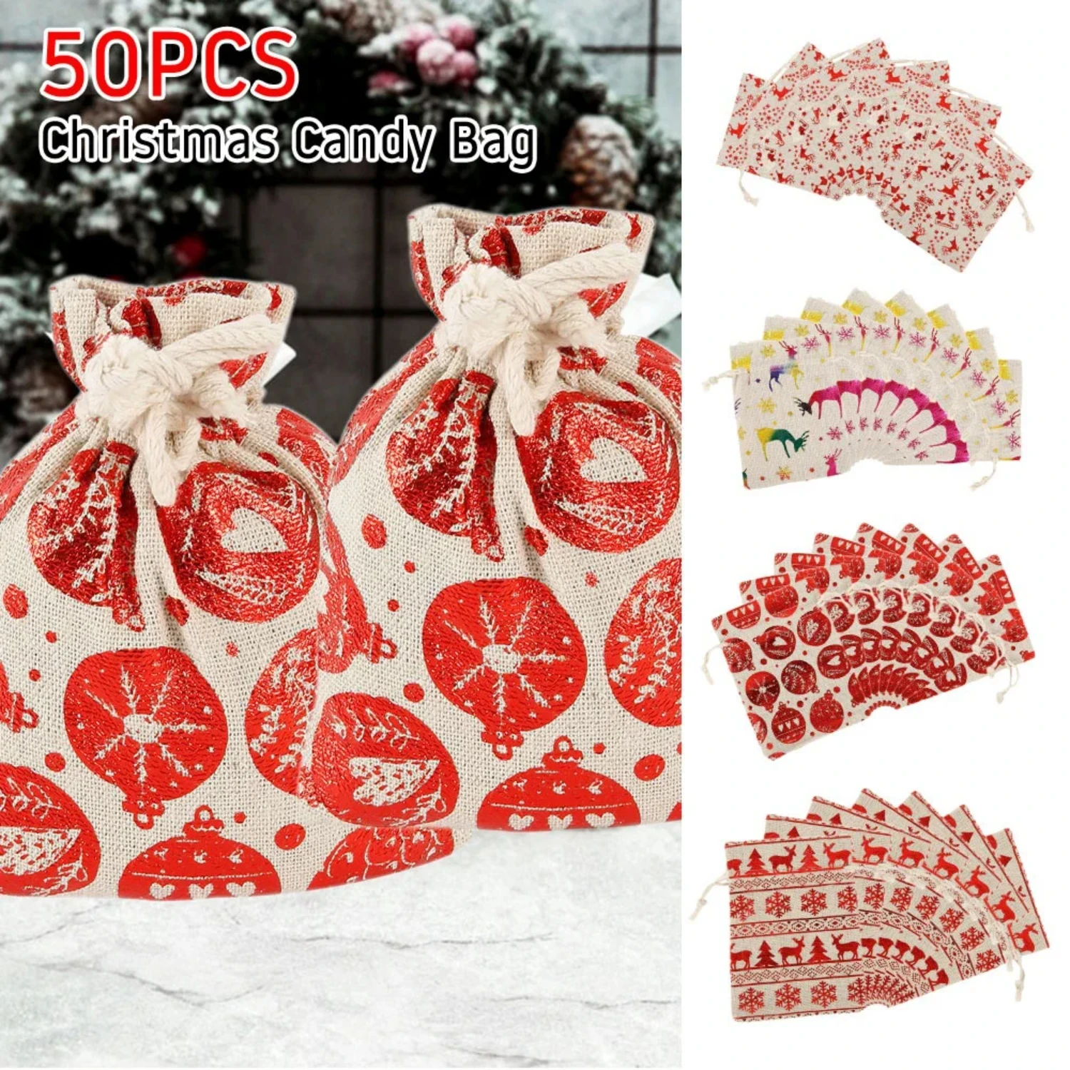 50PCS Christmas Gift Bags Drawstring Reusable Candy Bag Cotton Linen Bag Santa Sacks