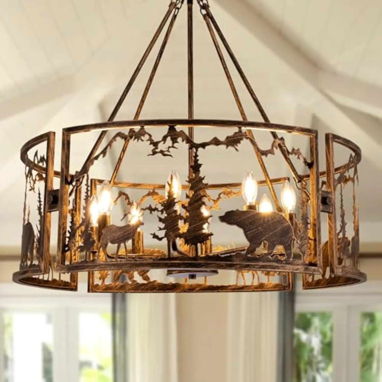 

33 D Rustic Chandeliers for Dining Room, Farmhouse Chandelier with Forest Bear Elk Western Drum Chandelier Light Fixture for L