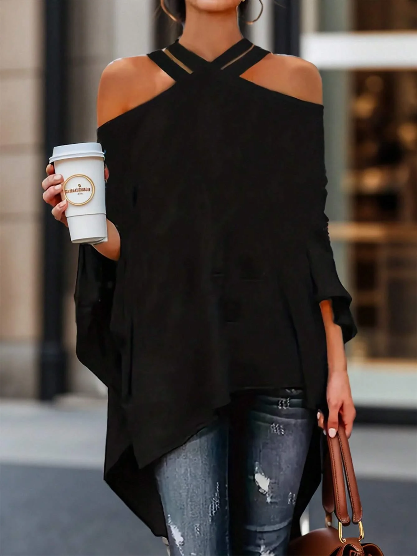 Solid Color Asymmetric Loose Y2K Off the Shoulder Long Sleeves Shirt Tops Daily Casual Blouses For Women Loose T-shirts