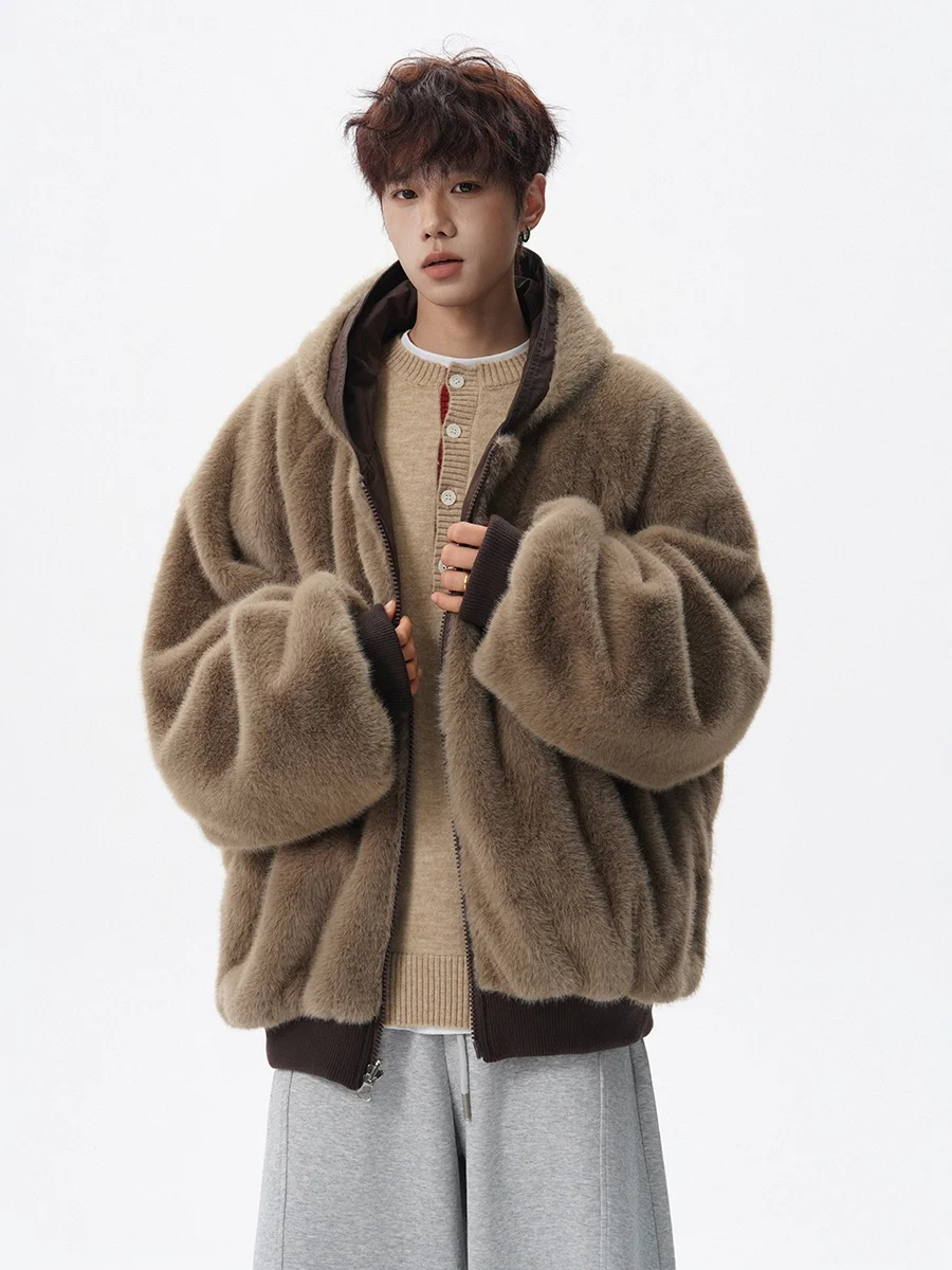 

American Sle Heavyweight Hooded Fce Lined Cotton Jaet Men's Trendy Loose Thiened Fake Mink Fur Warm Cotton Coat