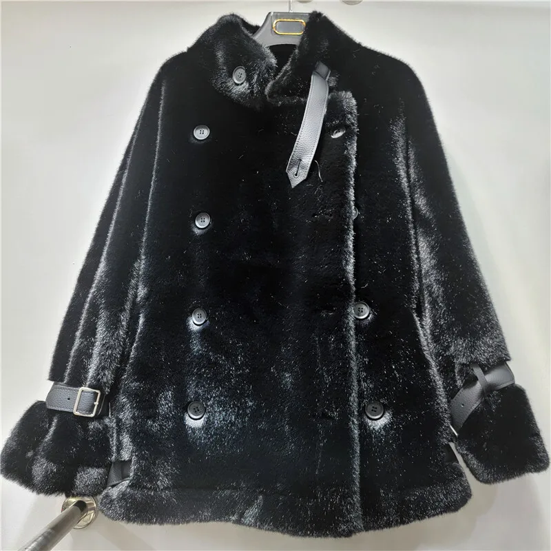 WTHT جديد عصري المرأة تقليد المنك الصوف وهمية الفراء معطف دافئ 2025 الخريف موضة الوقوف طوق طويلة الأكمام سترة الإناث 1LS2695