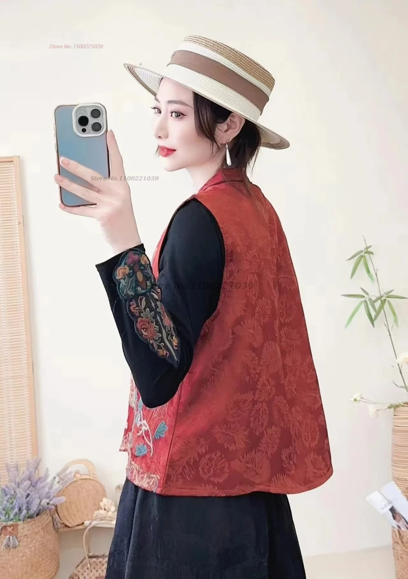 2024 chinese vintage hanfu tops traditional stand collar vest national flower embroidery ethnic vest oriental sleeveless jacket