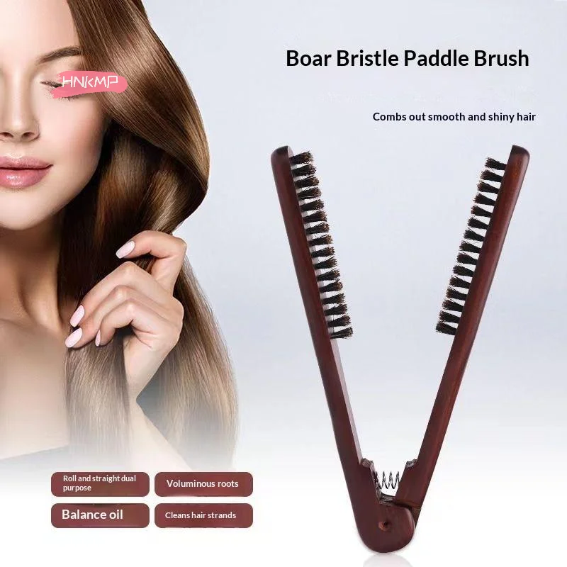 

1Pc V-Shape Paddle Brush Boar Bristle Hair Straightener Anti-Static Styling Comb for Smoothing And Detangling