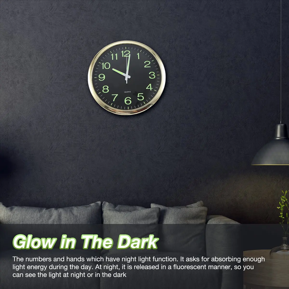 L! DT926^12 Inch Round Large Wall Clock Glow in the Dark Non-Ticking Indoor Decor -Golden