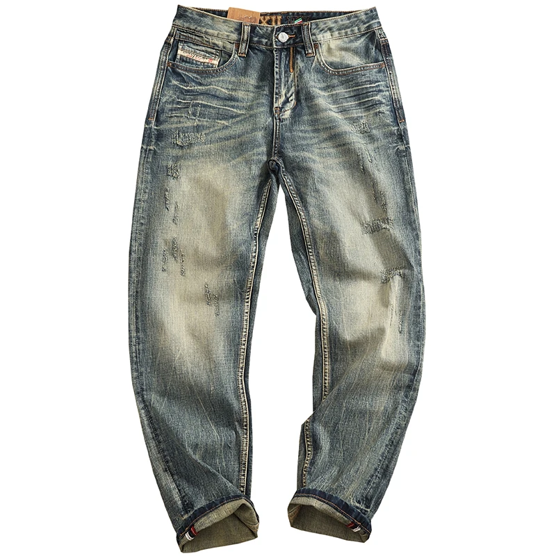 بنطلون جينز رجالي ثقيل الوزن بأرجل مستقيمة باللون الأبيض من قماش الدنيم المطاطي بنطلون طويل جينز صيفي عصري غير رسمي