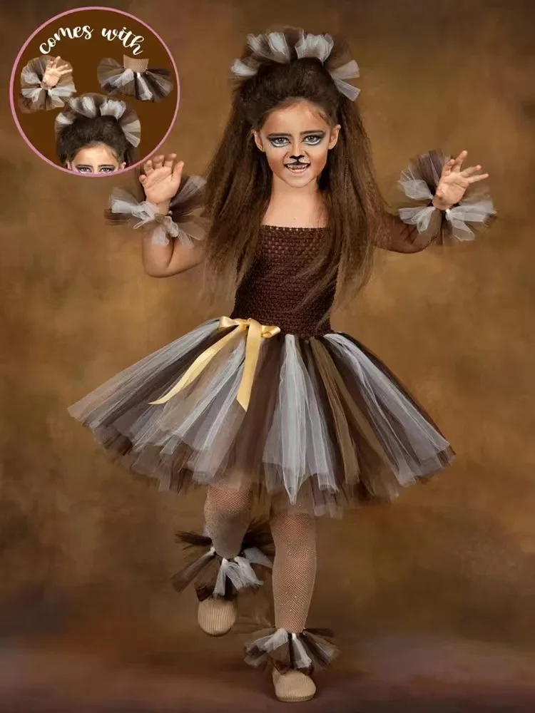 Sukienki na imprezę z lwem w dżungli dla dziewczynek Kostium na Halloween dla dzieci ze zwierzętami z mankietami na nadgarstkach i kostkach Strój dla dziecka księżniczki na urodziny