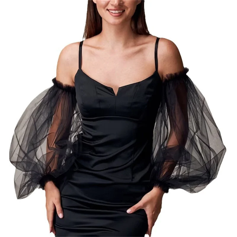 Long Fingerless Tulle Bridal Gloves 3d Floral Edge Loose Wedding Cuff Accessory Dress Sleeves Detachable