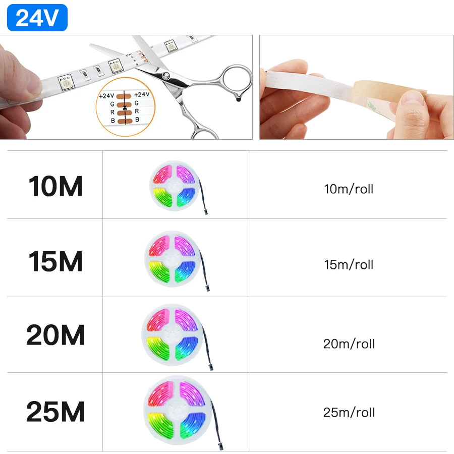 24V Bluetooth 5050 RGB LED Strip for Room 10M 15M 20M 25M 30M 35M 40M 45M 50M APP Control RGB Tape EU Power Adapter Remote