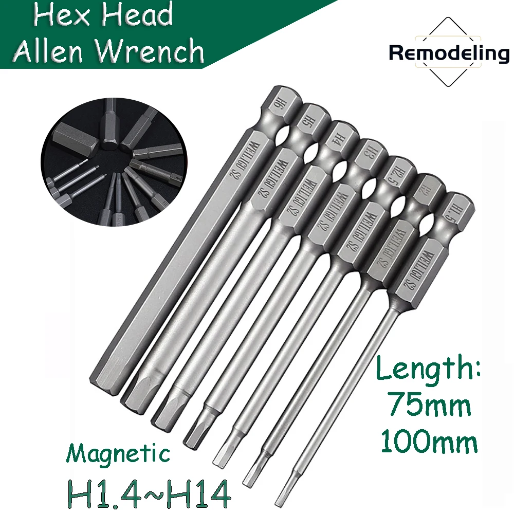 

1pcs Hex Head Allen Wrench Drill Bits Magnetic Tips H1.5~H12 1/4 in.Hex Shank S2 Steel 75/100mm Length Hex Key Screwdriver Bits