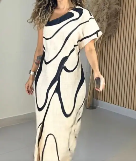 Vestido largo ajustado con un hombro y estampado abstracto para mujer, ropa de mujer, nuevo estilo, informal, de imitación, con abertura de dos piezas