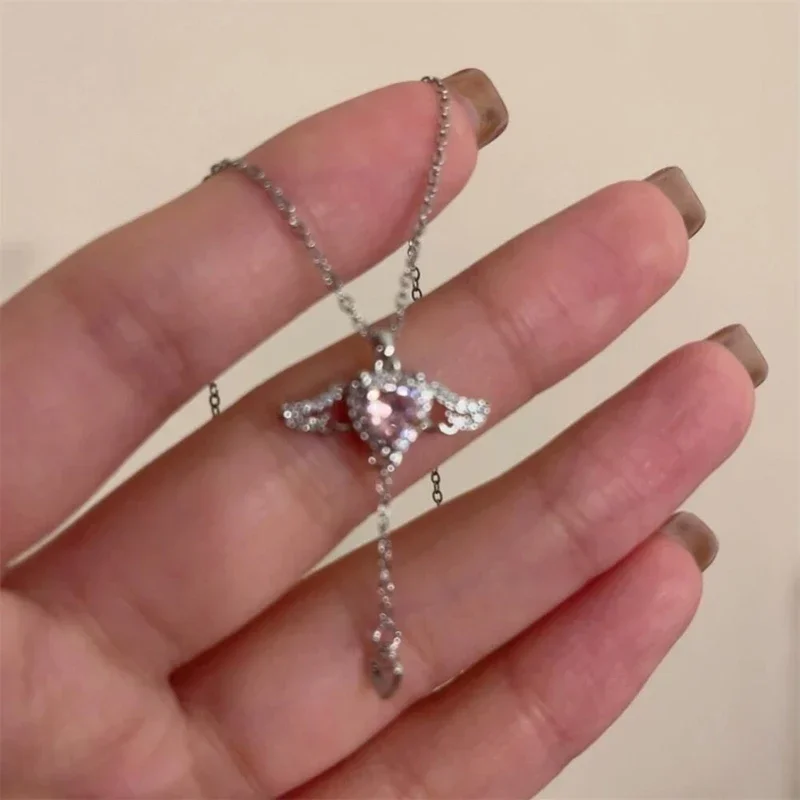 

Y2K Korean Vintage Fairy Zircon Necklace Crystal Wing Angel Pendant Necklaces for Girl Aesthetic Peach Heart Neck Chain Dropship