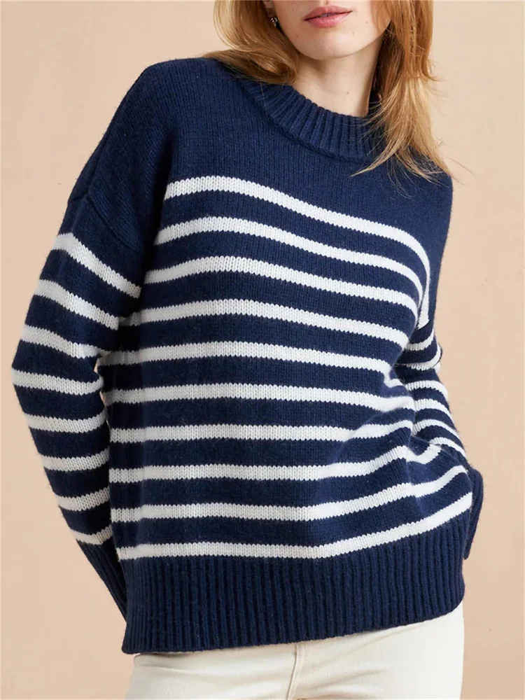 Navy Blue Stripe Knit Sweater Long Sleeve Drop Shoulder Knitting Pullovers Women Knitwears Tops Autumn Winter Knitted Sweaters