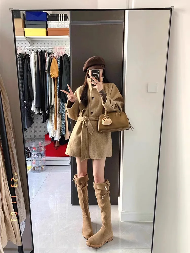 

Women's Winter Thiened Korean High Collar Mid-Length Woolen Coat Small Size Ele Match High-End Feel Commute Sle