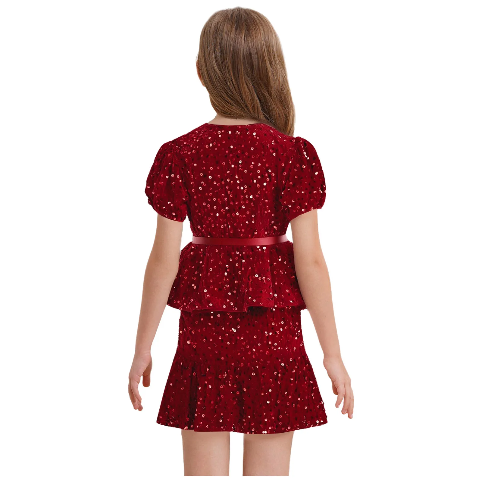 Kids Girls Elegant Pageant Party Outfits Shiny Sequins Short Puff Sleeveless Shirts Tops with Skirt for Birthday Wedding Banquet