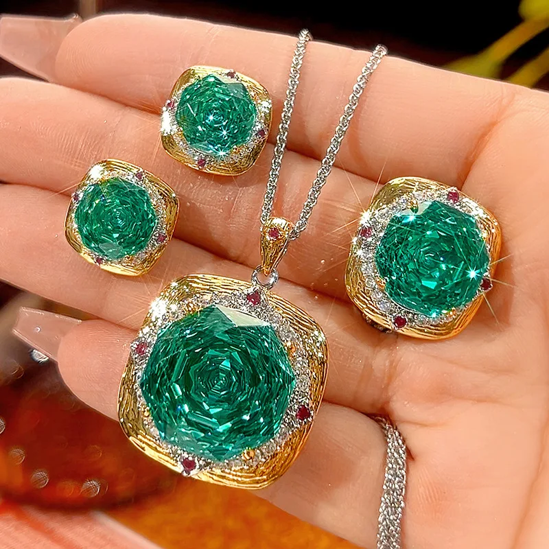 Joyería Vintage, Conjunto de Colgante Cuadrado Más Vendido Transfronterizo con Base Chapada en Oro y Esmeralda Sintética para Mujer, Regalo del Día de la Madre